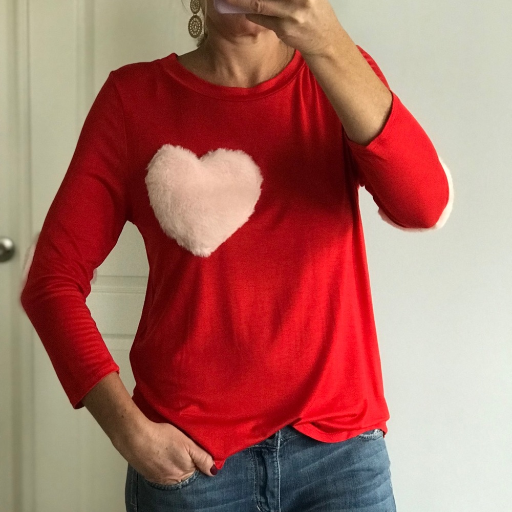 Red, Fuzzy Heart Tunic Top - Picture 2 of 6